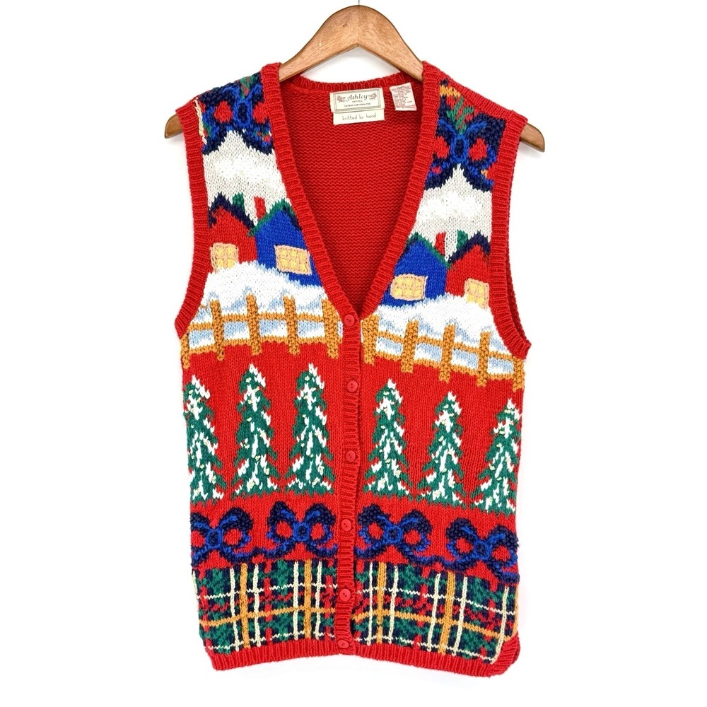 Vtg Ashley Petites Medium Hand Knit Christmas Sweater Cardigan V-Neck Button Red